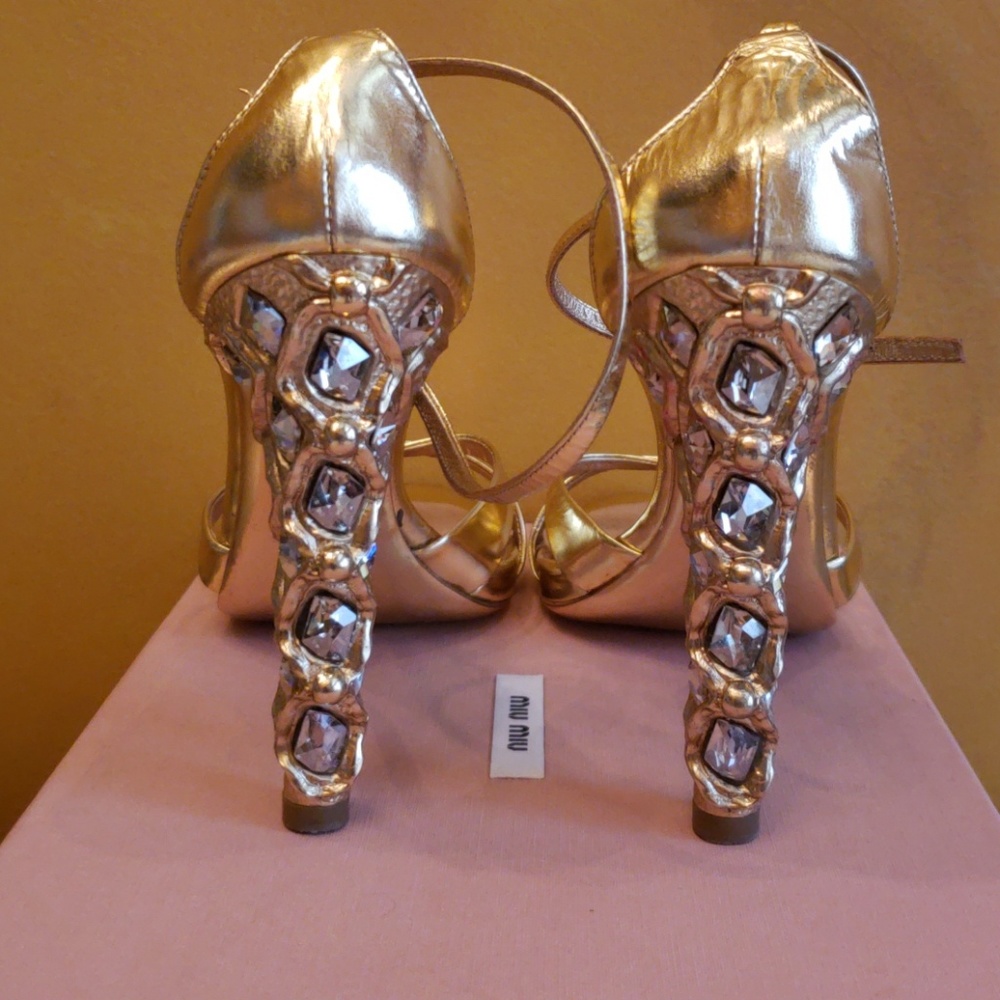 Miu Miu Metallic Gold Sandal with Jeweled Heel